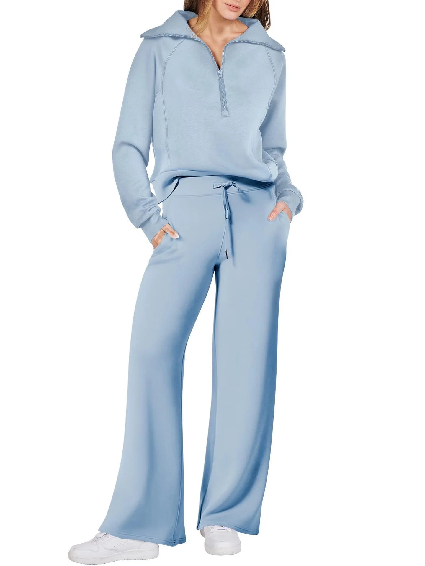 Solid Two-piece set Women Fashion Long Sleeve Zipper Sweater Pullover Tie up Pocket Wide Leg Pant Suit Loose Casual Sport Sets