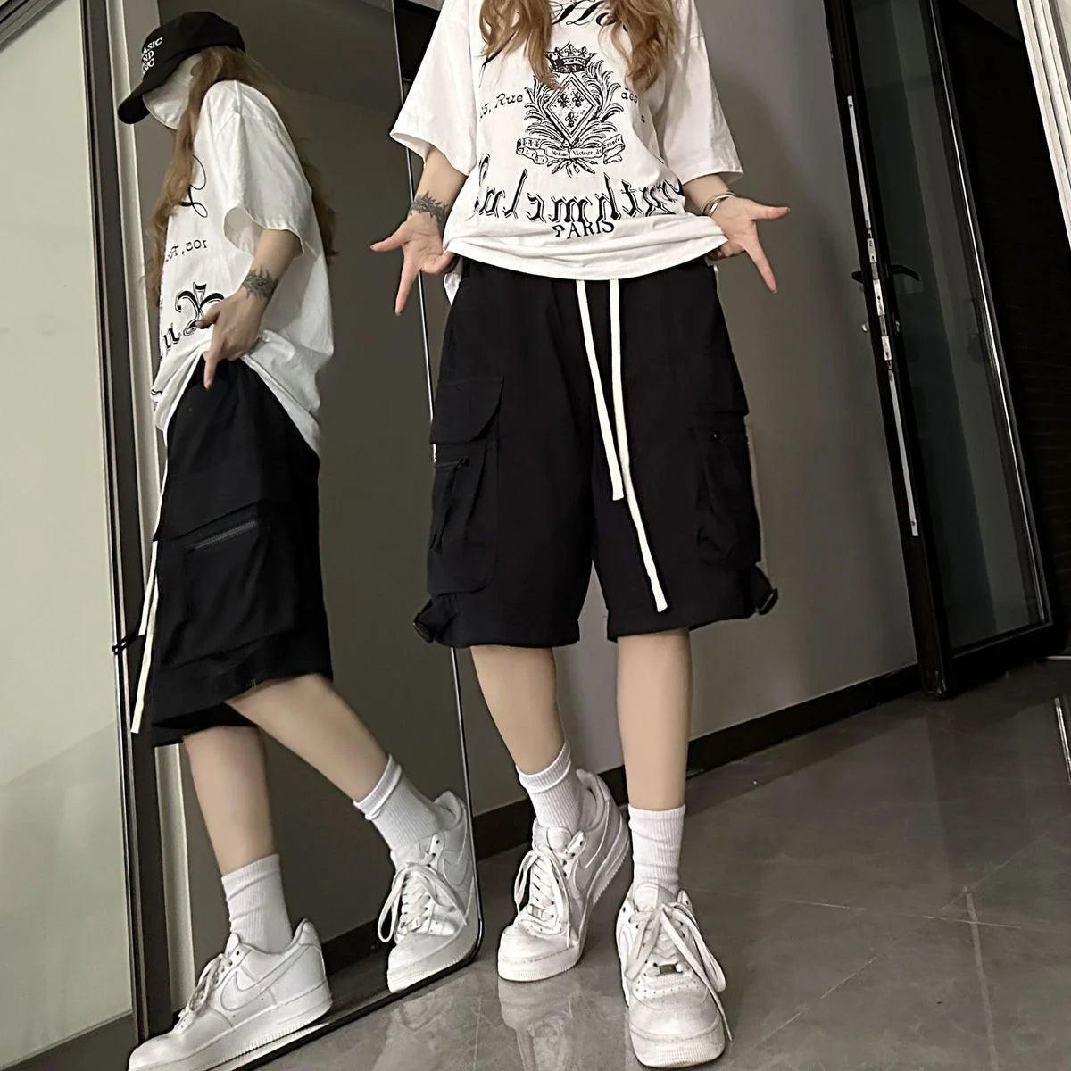 Women High Waist Multi-pocket Cargo Shorts American Style Streetwear Summer Wide Leg Pants Fashion Female Big Pocket Shorts