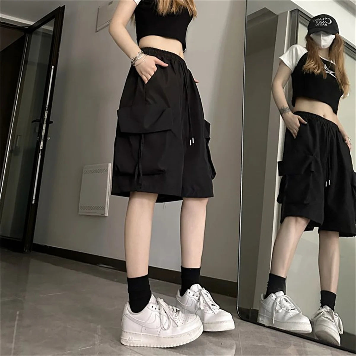 Women High Waist Multi-pocket Cargo Shorts American Style Streetwear Summer Wide Leg Pants Fashion Female Big Pocket Shorts