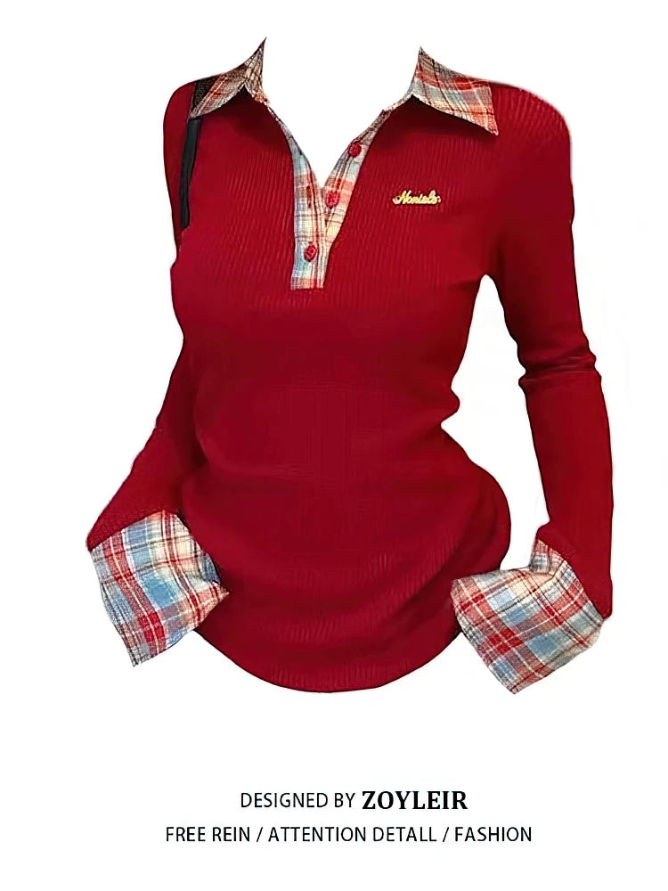 Preppy Polo Neck Knit Plaid Long sleeve T shirt Women False 2 Piece Basic Top V neck Button Blouses Tees 2025 New