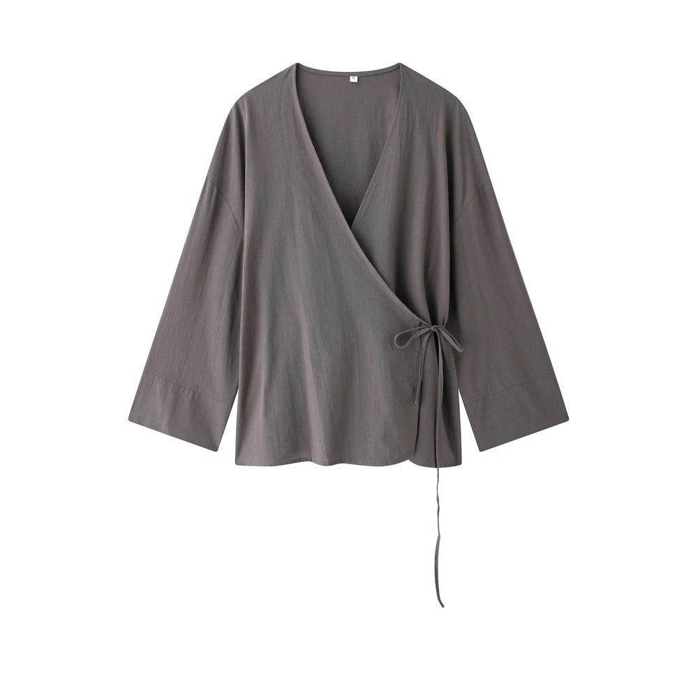 Women Fashion With Tied Loose Kimono Blouses And High Elastic Waist Side Pockets Pants Female Two Piece Sets Mujer