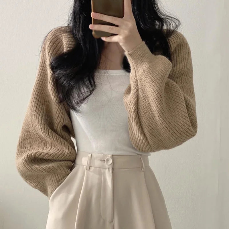 Women Autumn Versatile Knitted Short Cardigan Sweater Shawl Korean Fashionable Women's Top