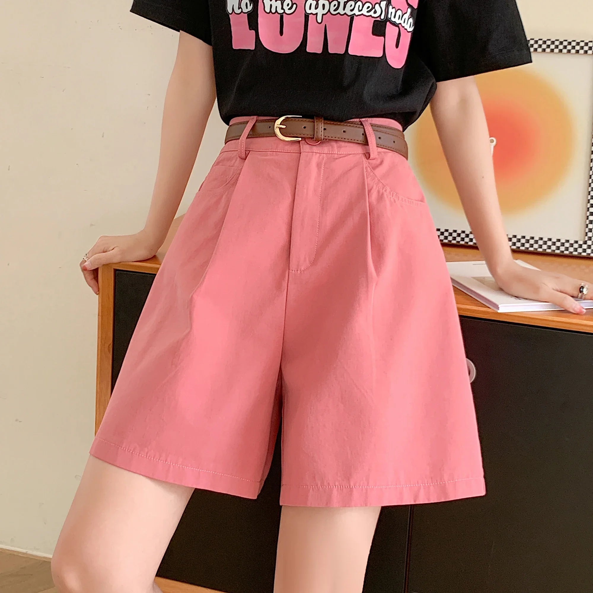 High Waist Summer Cotton Linen Women's Workwear Cargo Shorts Casual Loose Wide Leg Pants Fashionable Short Pants 2024 New
