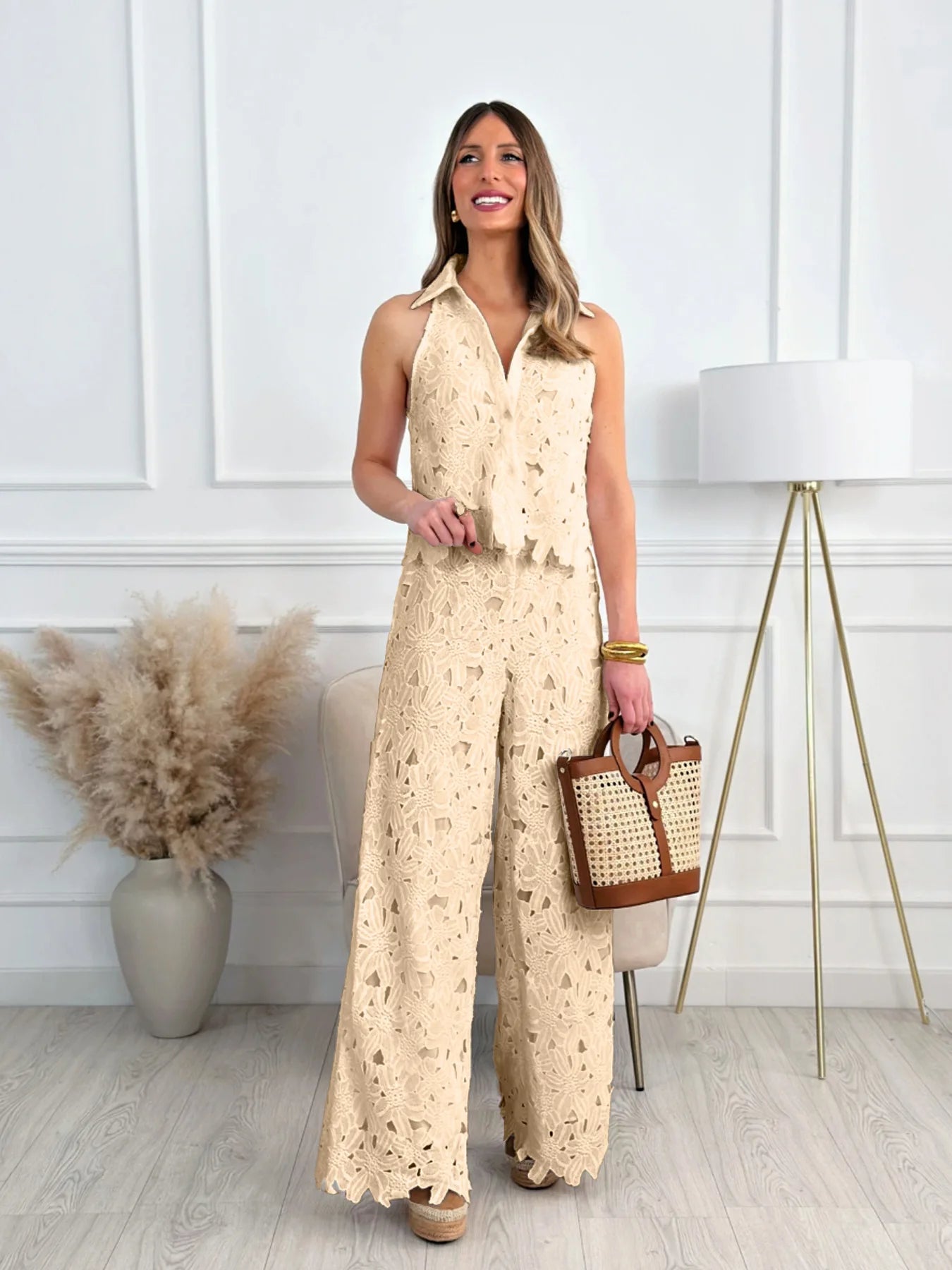 LGRQ turn-down collar sleeveless lace hollow out single breasted shirt top and high waist full length pants two pieces set