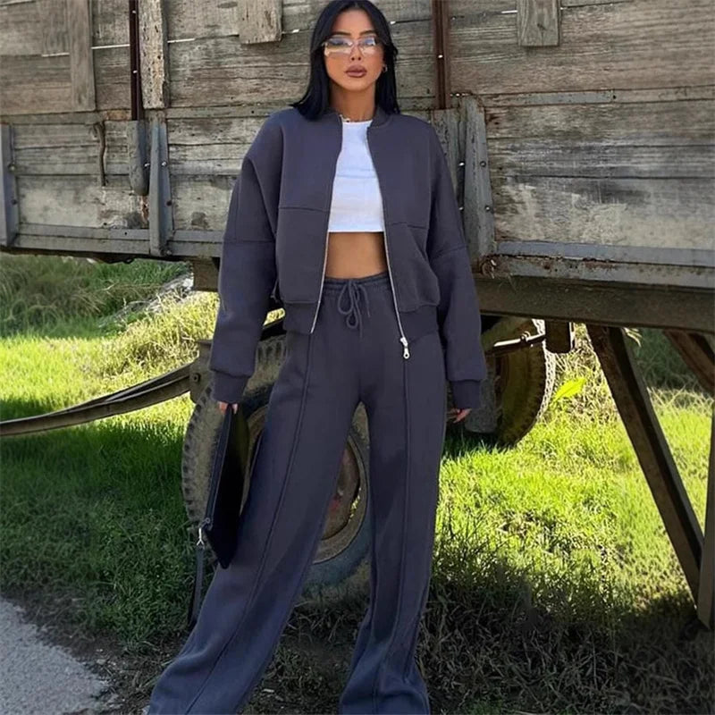 2025 Sweatshirt Two-piece Suit Women's Casual Sets Loose Zipper-up Short Jacket Tops Straight Trousers Sports 2-piece Sets Lady