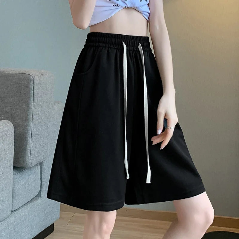High Waist Drawstring Shorts Women's Summer 2025 Casual New Style Slimming Five-Quarter Pants Mid-Length Trousers Sports Shorts