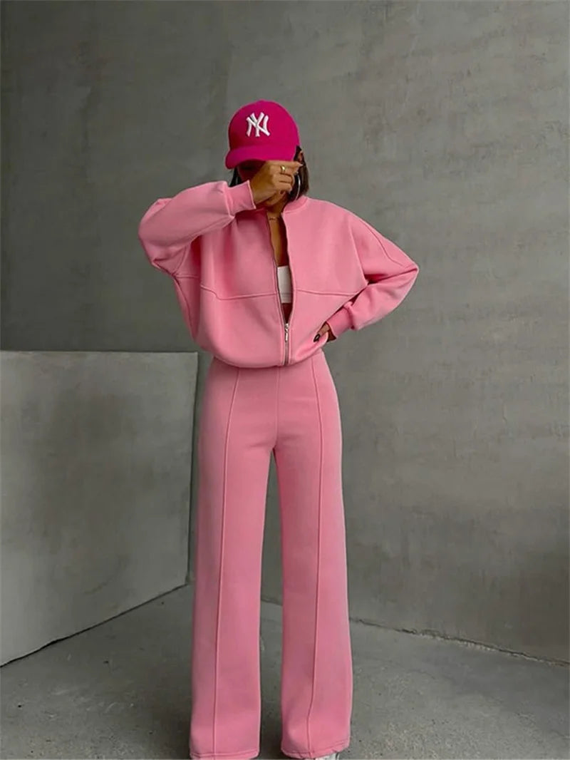 2025 Sweatshirt Two-piece Suit Women's Casual Sets Loose Zipper-up Short Jacket Tops Straight Trousers Sports 2-piece Sets Lady