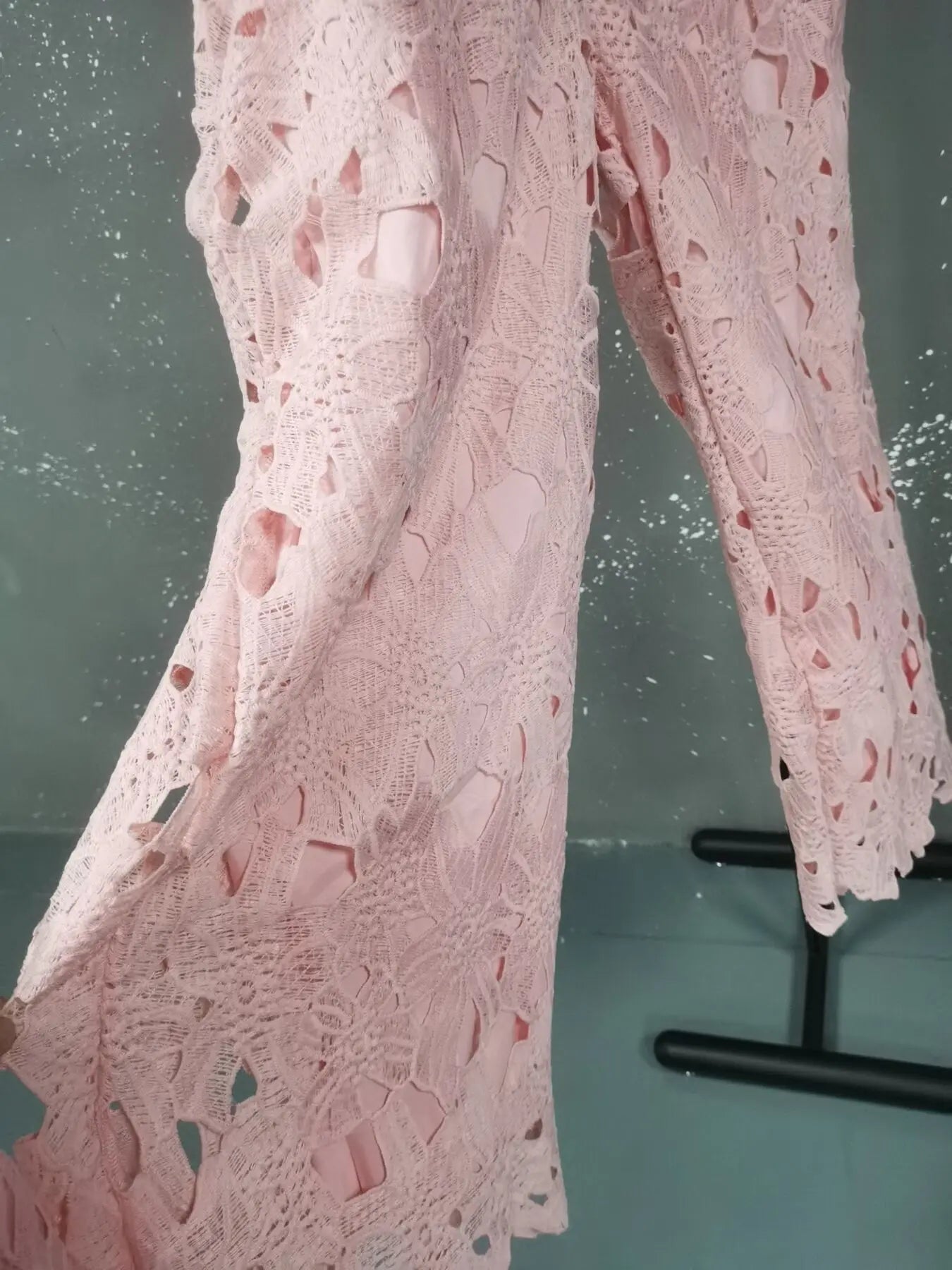 LGRQ turn-down collar sleeveless lace hollow out single breasted shirt top and high waist full length pants two pieces set