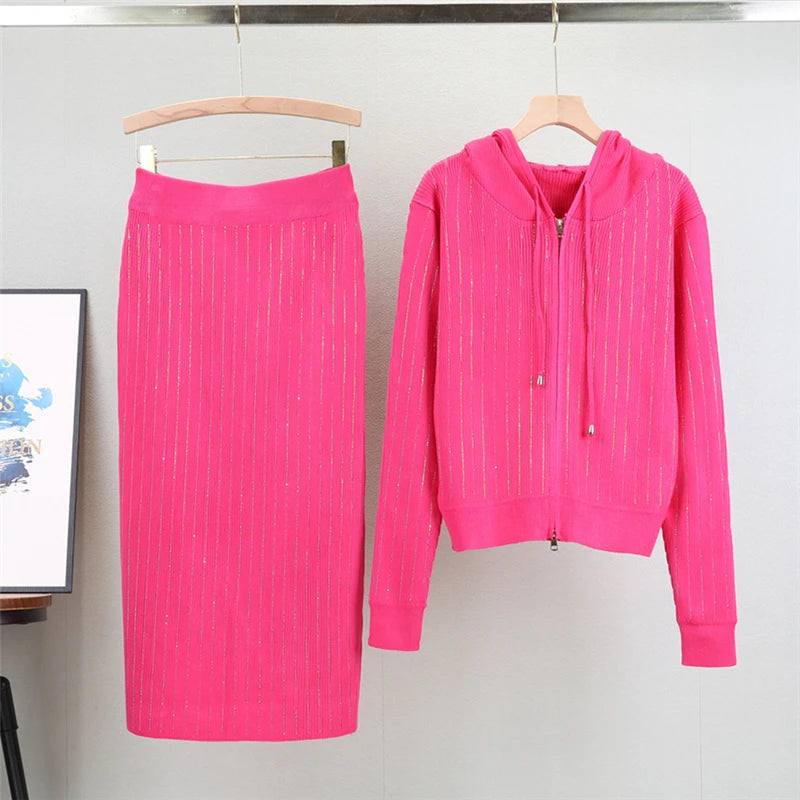 Fashion Knitted Suit Women's 2025  AutumNew  Edition Elegant Long Sleeved Top High Waist Half Skirt Two Piece Set