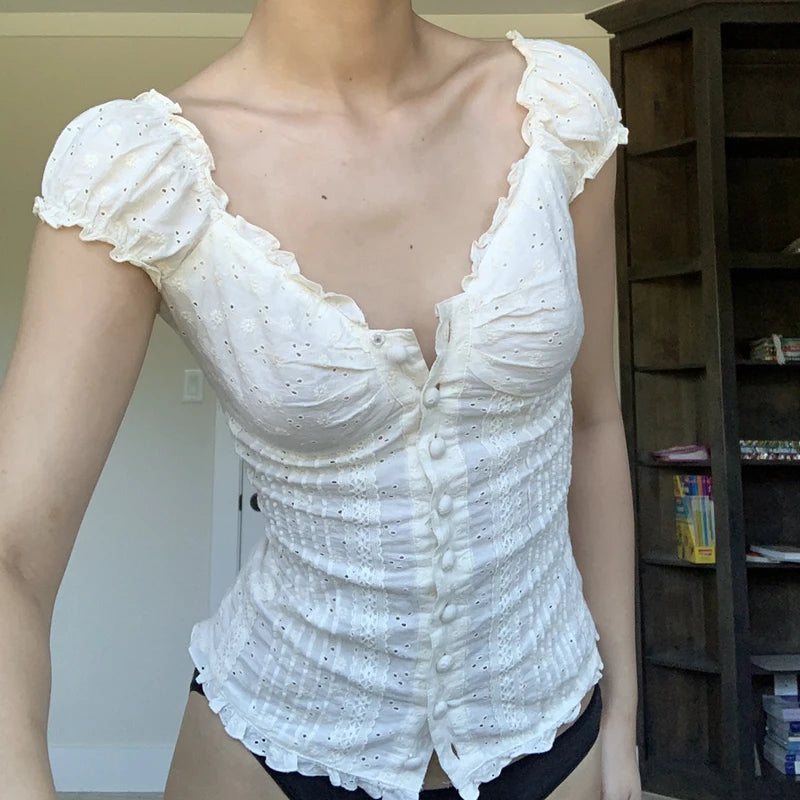 Women Y2k Fairy Grunge Shirts Puff Short Sleeve V-Neck Button-Down Blouses Tops E-Girls Vinatge Aesthetic Clothes