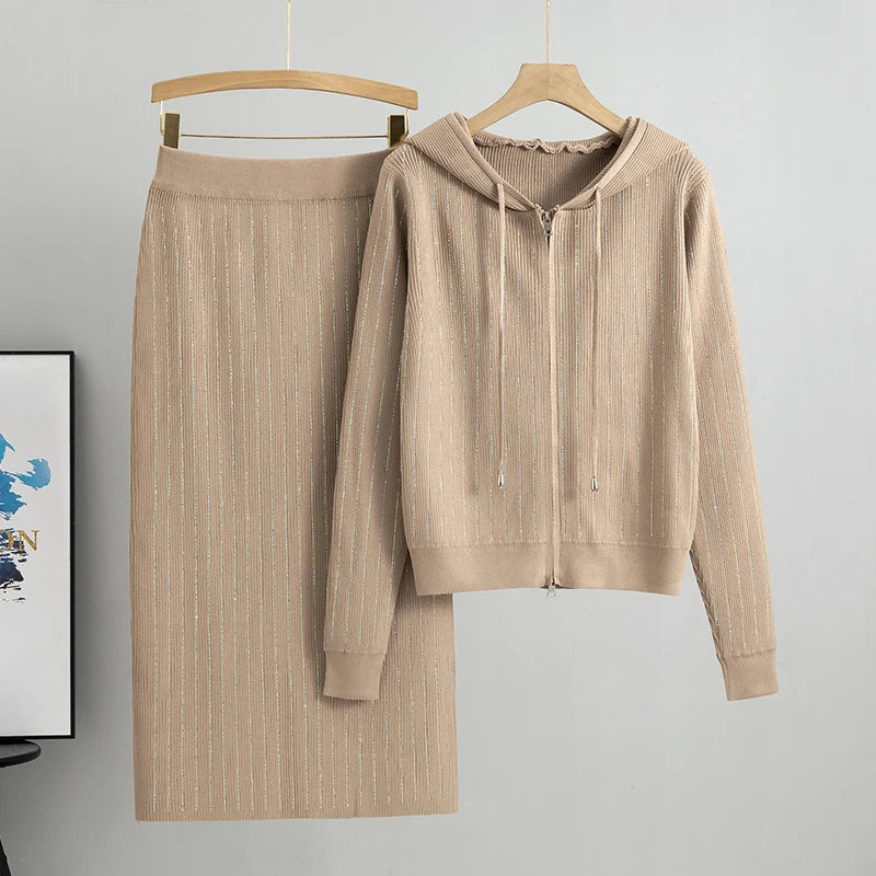 Fashion Knitted Suit Women's 2025  AutumNew  Edition Elegant Long Sleeved Top High Waist Half Skirt Two Piece Set
