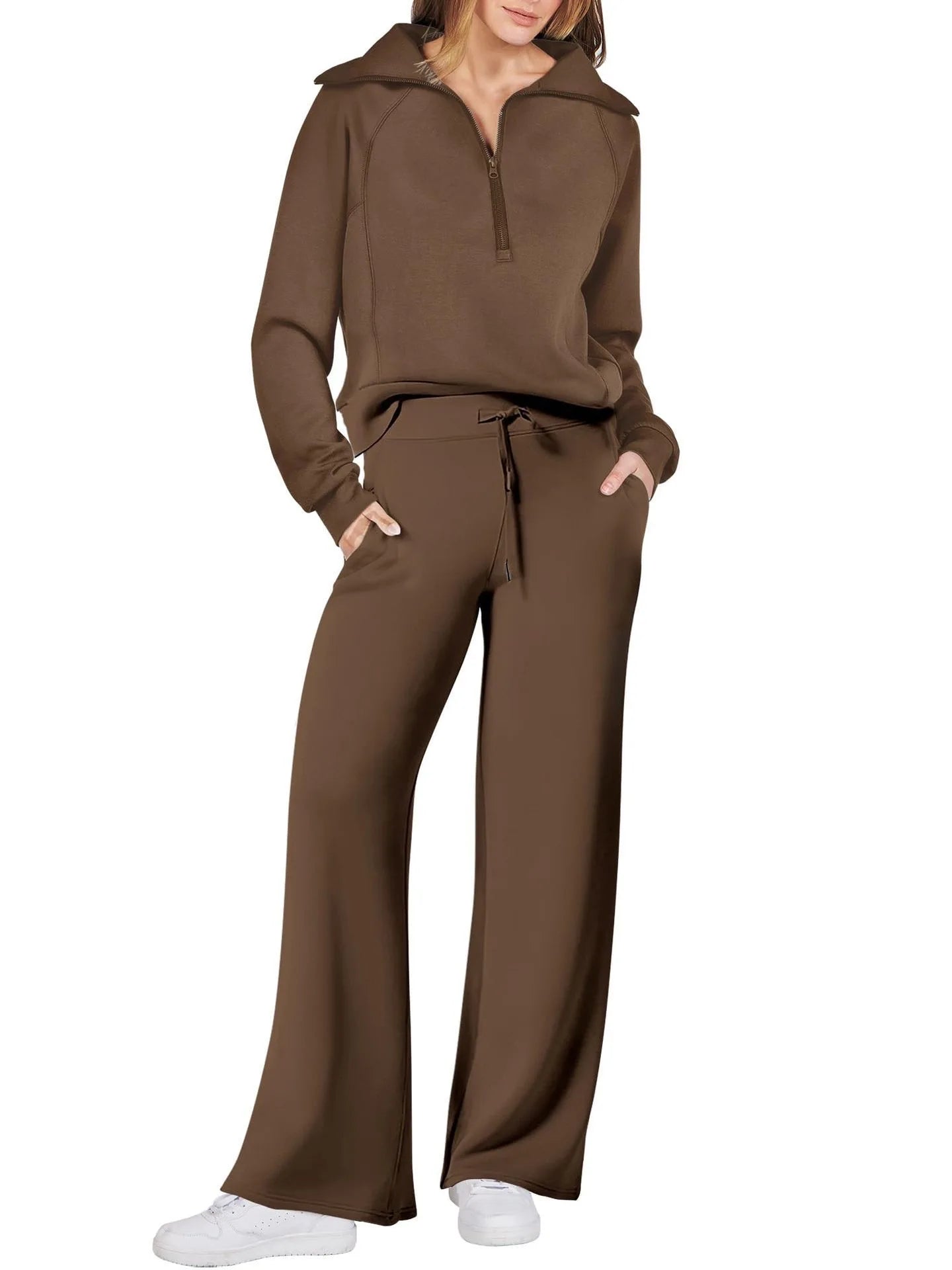 Solid Two-piece set Women Fashion Long Sleeve Zipper Sweater Pullover Tie up Pocket Wide Leg Pant Suit Loose Casual Sport Sets
