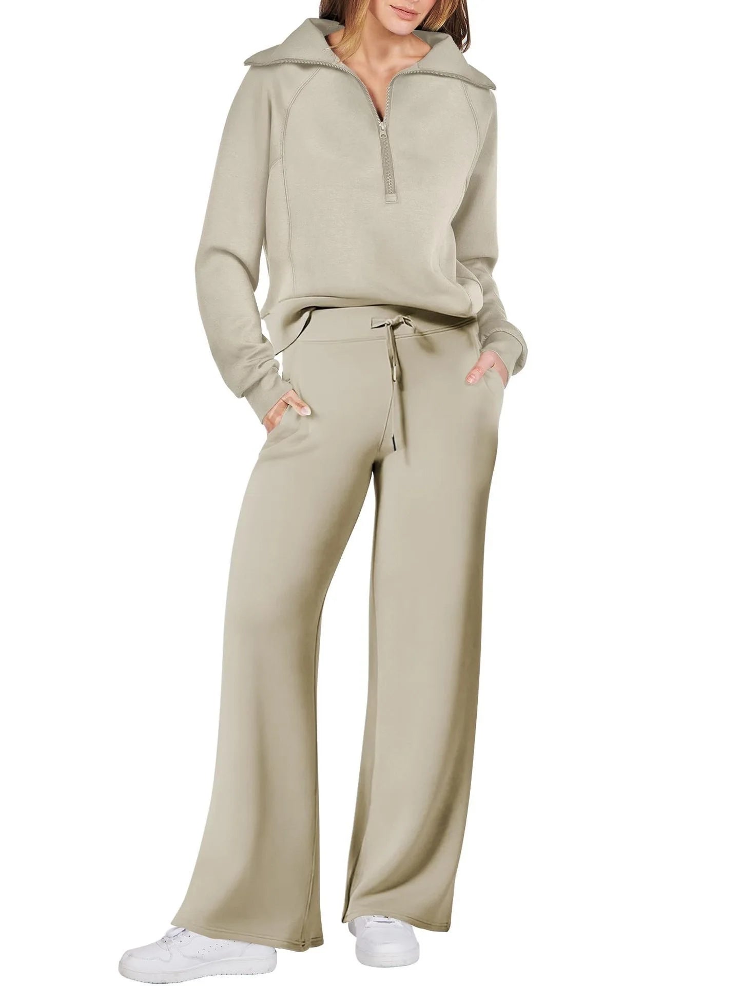 Solid Two-piece set Women Fashion Long Sleeve Zipper Sweater Pullover Tie up Pocket Wide Leg Pant Suit Loose Casual Sport Sets